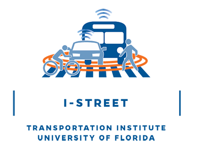 I-STREET Logo: a bus, a car, a pedestrian and a bicyclist surrounded by orange lines to indicated communication