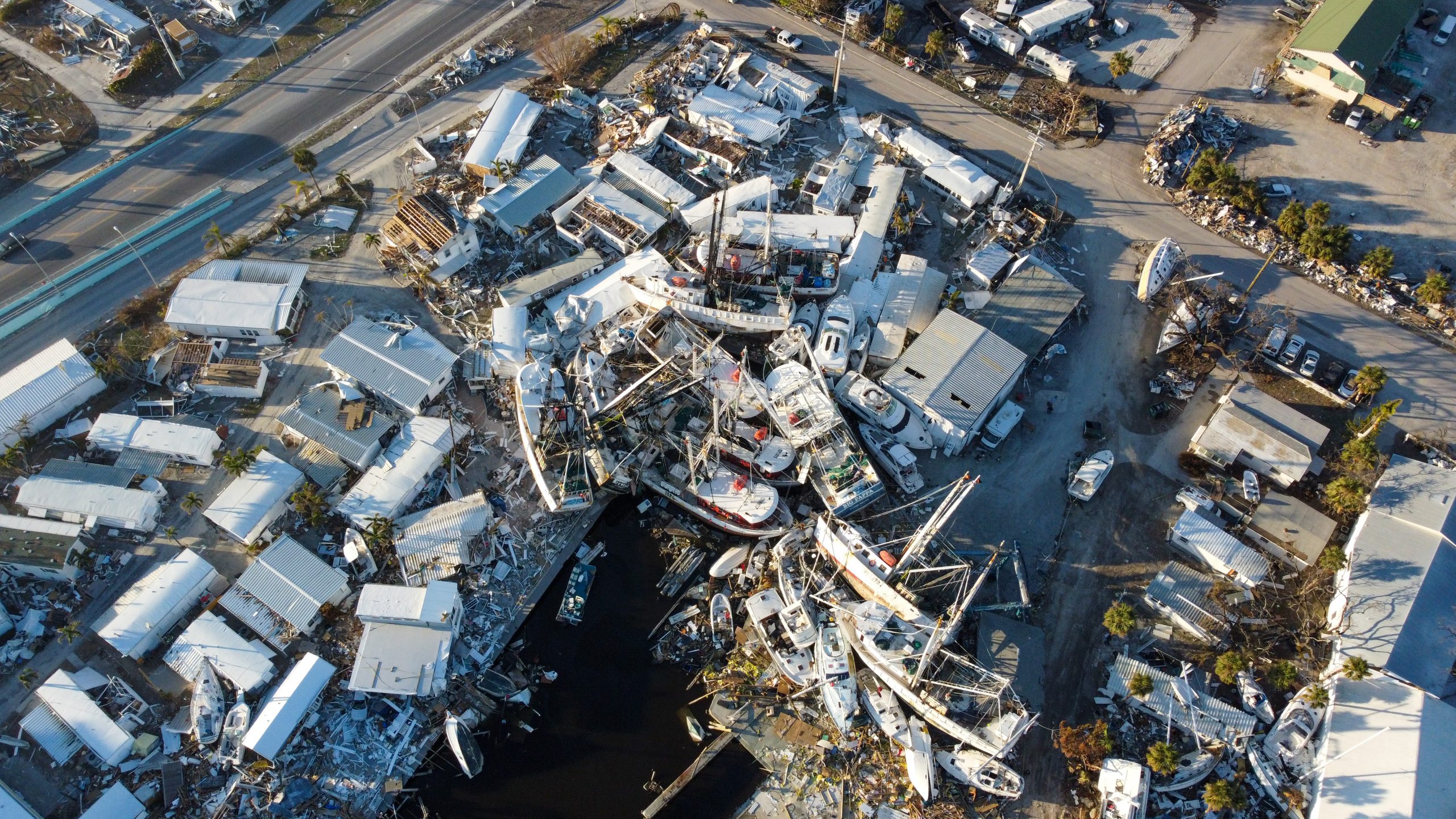 Aerial photo of destruction by Hurricane Ian along Florida's West coast. 